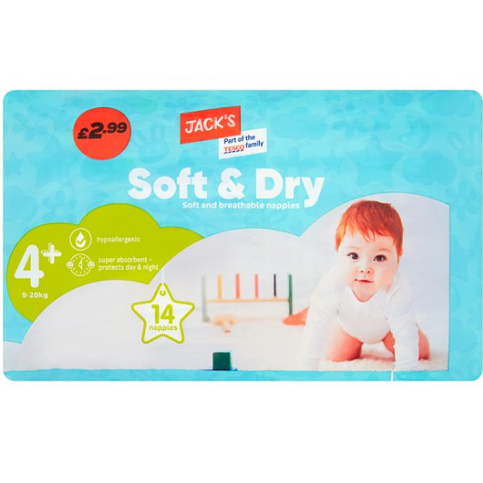 Jacks Soft & Dry 14 Nappy's Size 4+ - Premier Ravensdale