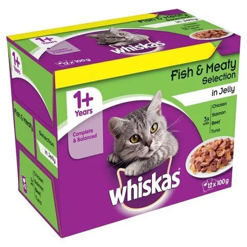 Whiskas 1+ Pouches Fish & Meaty Selection In Jelly 12 x 100g