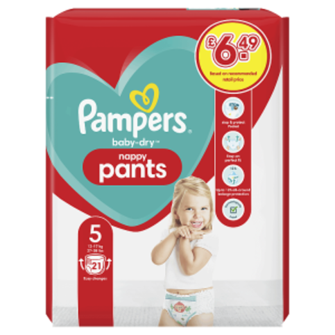 Pampers Baby-Dry Nappy Pants Size 5,  Nappies, 12kg - 17kg - Premier Ravensdale